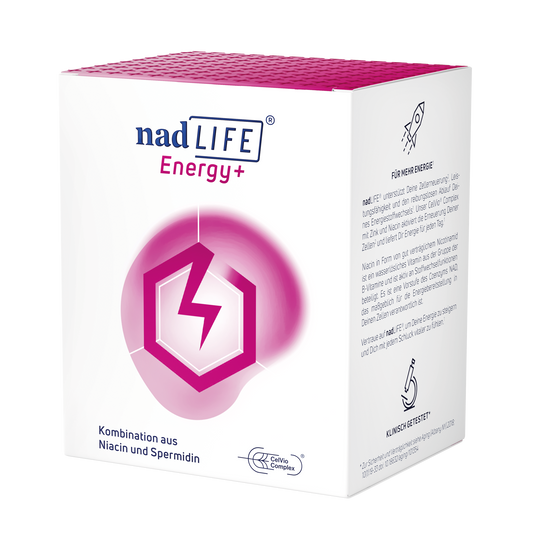 Produktbild von nadLIFE Energy+ Nahrungsergänzungsmittel – Vorderseite der Verpackung
